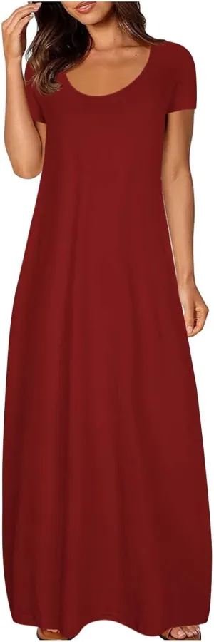 LEMONONSTORE Plus Size Maxi Dress for Women Scoop Neck Short Sleeve Baggy Dresses Solid Casual Floor Length Beach Dress