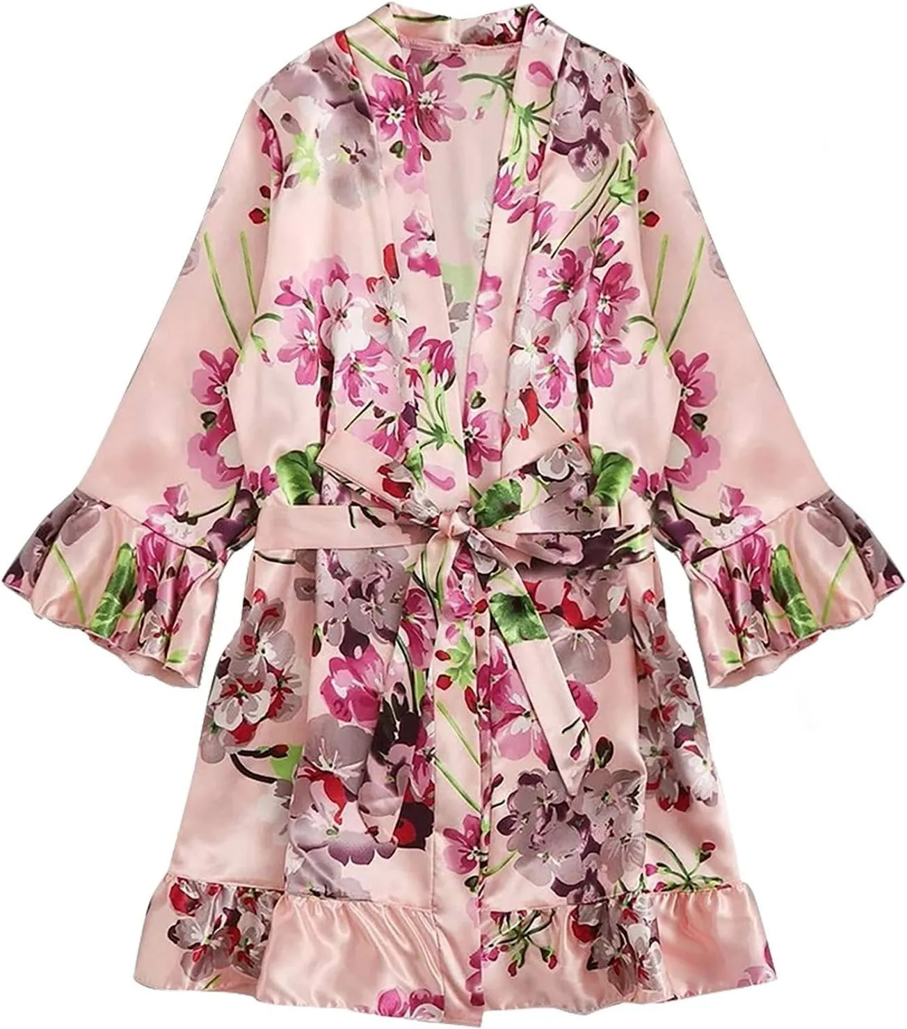 Leopard Print Silk Satin Robe for Women Adjustable Waist Belt Lace Knee-Length Bathrobe Sexy V Neck Comfy Nightgown