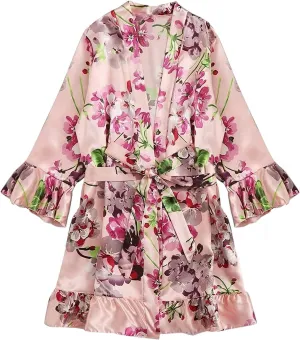 Leopard Print Silk Satin Robe for Women Adjustable Waist Belt Lace Knee-Length Bathrobe Sexy V Neck Comfy Nightgown