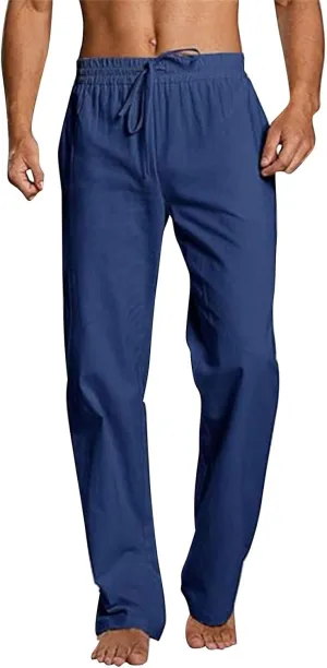 Linen Pants Men Drawstring Elastic Waist Pants Beach Summer Pants Lightweight Linen Trousers with Pockets