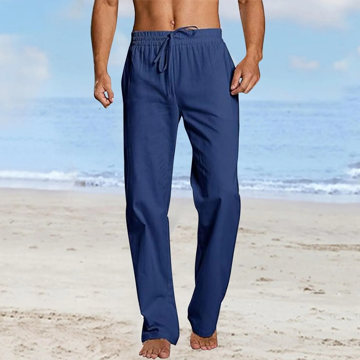 Linen Pants Men Drawstring Elastic Waist Pants Beach Summer Pants Lightweight Linen Trousers with Pockets