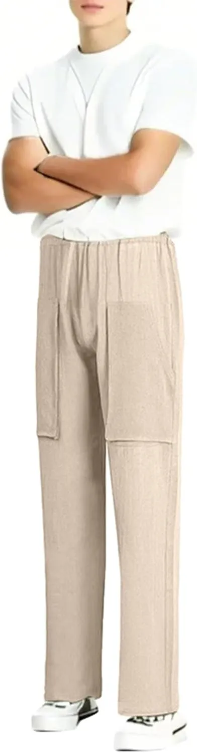 Linen Pants Men Elastic Waist Drawstring Pants Beach Summer Pants Lightweight Linen Trouser with Pockets