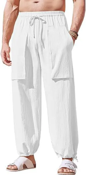 Linen Pants Men Elastic Waist Drawstring Pants Beach Summer Pants Lightweight Linen Trouser with Pockets