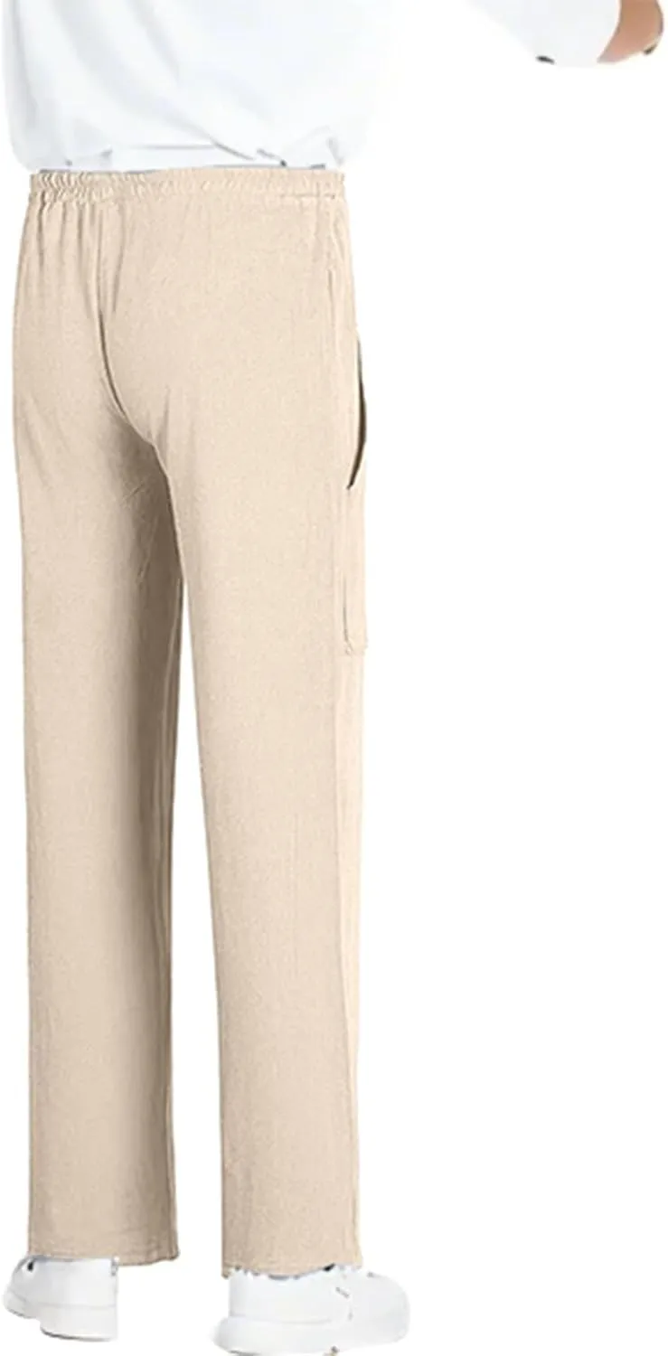 Linen Pants Men Elastic Waist Drawstring Pants Beach Summer Pants Lightweight Linen Trouser with Pockets
