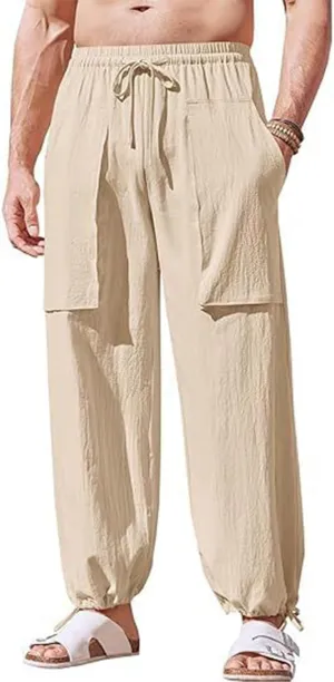 Linen Pants Men Elastic Waist Drawstring Pants Beach Summer Pants Lightweight Linen Trouser with Pockets