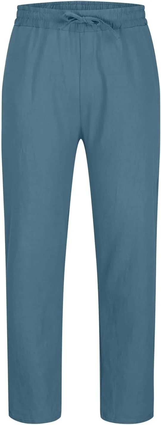 Linen Pants Men Slim Fit Drawstring Pants Elastic Waist Summer Trousers Lightweight Lounge Pants Casual Beach Pants