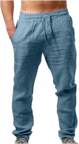Linen Pants Men Slim Fit Drawstring Pants Elastic Waist Summer Trousers Lightweight Lounge Pants Casual Beach Pants
