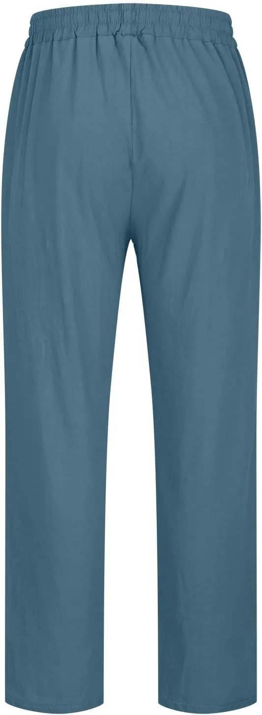 Linen Pants Men Slim Fit Drawstring Pants Elastic Waist Summer Trousers Lightweight Lounge Pants Casual Beach Pants