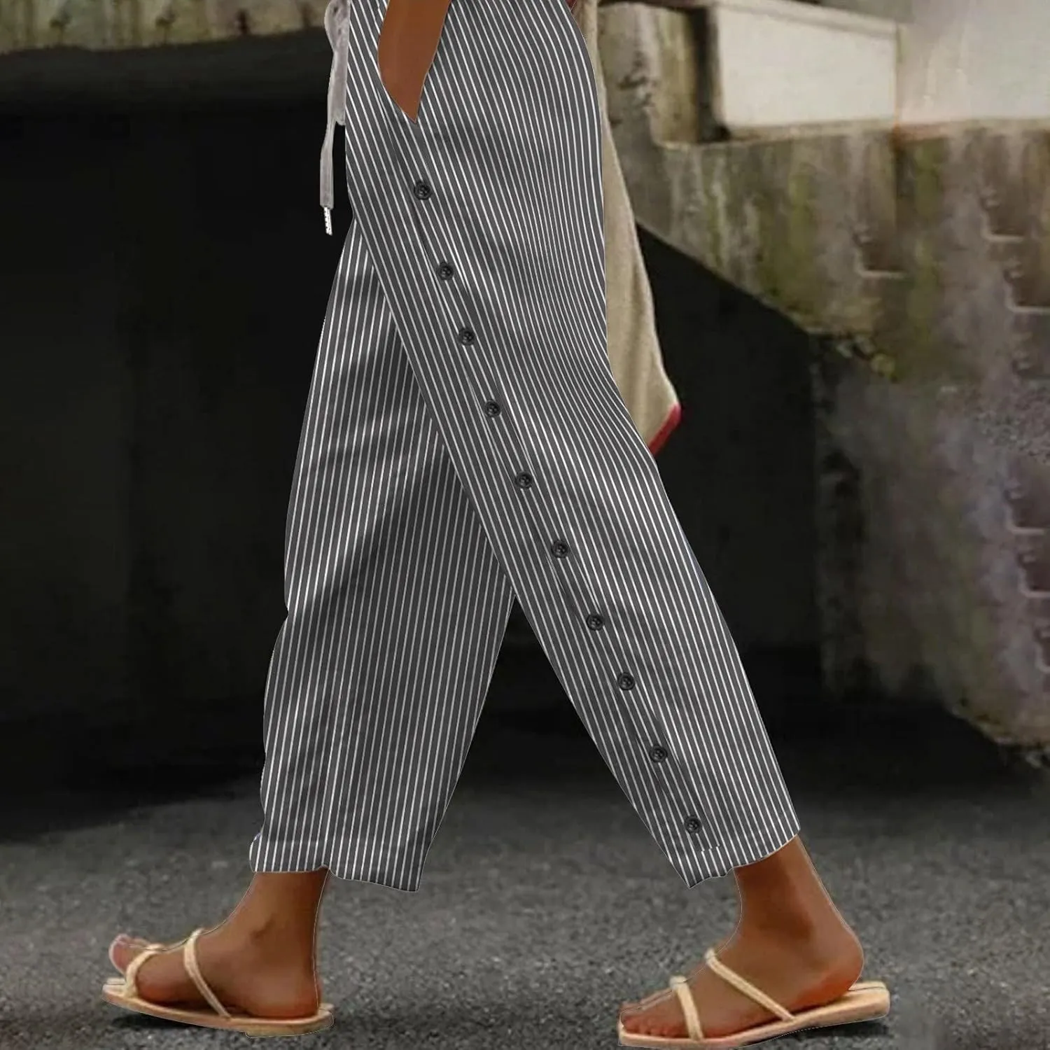 Lounge Pants for Women Cotton Linen Striped Button Down Pants Elastic Waist Pockets Plus Size Ankle Cuffed Pants 2024