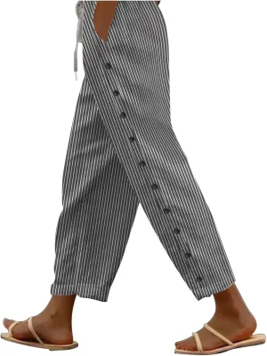 Lounge Pants for Women Cotton Linen Striped Button Down Pants Elastic Waist Pockets Plus Size Ankle Cuffed Pants 2024