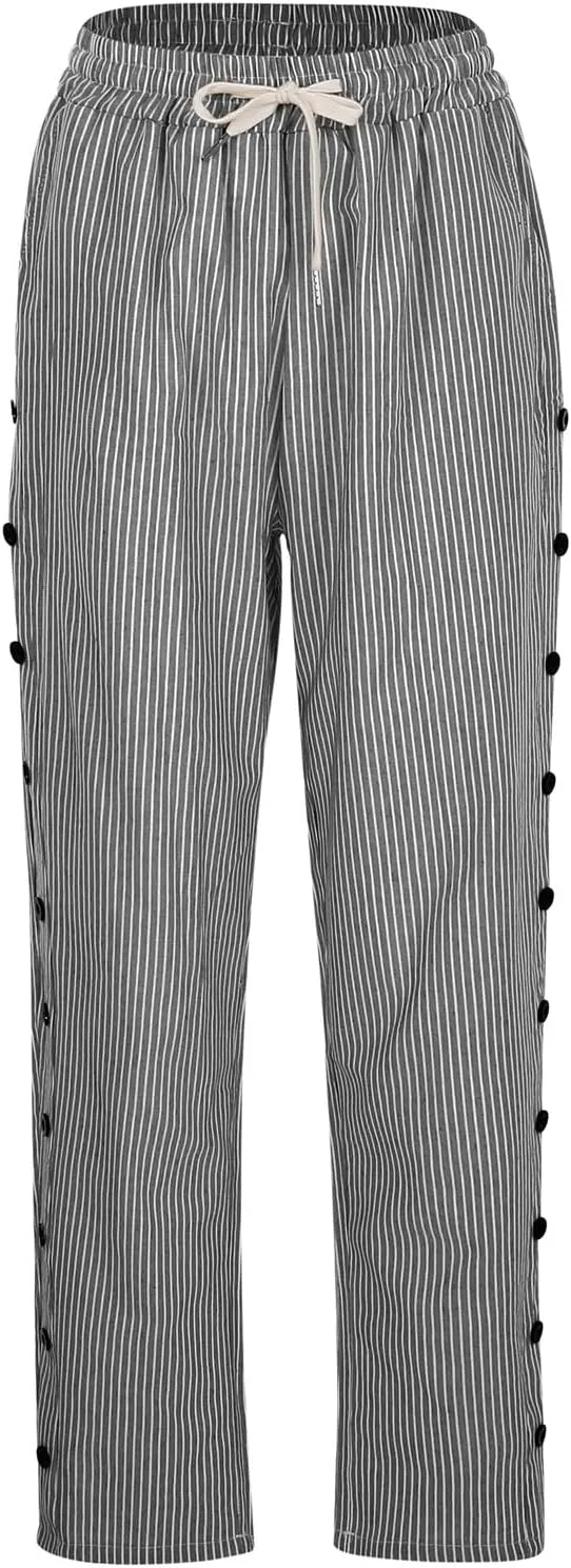 Lounge Pants for Women Cotton Linen Striped Button Down Pants Elastic Waist Pockets Plus Size Ankle Cuffed Pants 2024