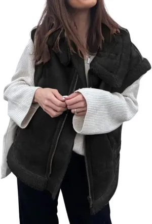 loveimgs Women's Winter Warm Suede Sherpa Leather Vest Jacket Zip Up Sleeveless Lambwool Fur Coat with Pockets