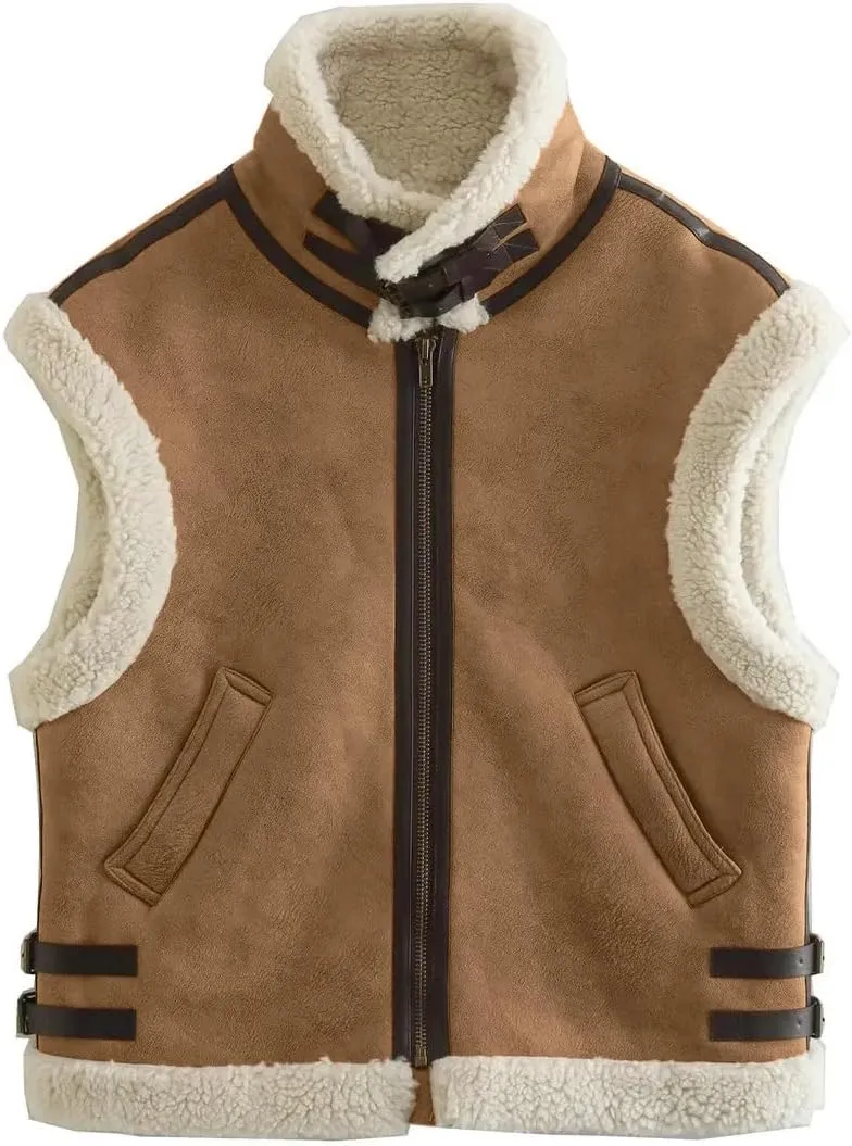 loveimgs Women's Winter Warm Suede Sherpa Leather Vest Jacket Zip Up Sleeveless Lambwool Fur Coat with Pockets