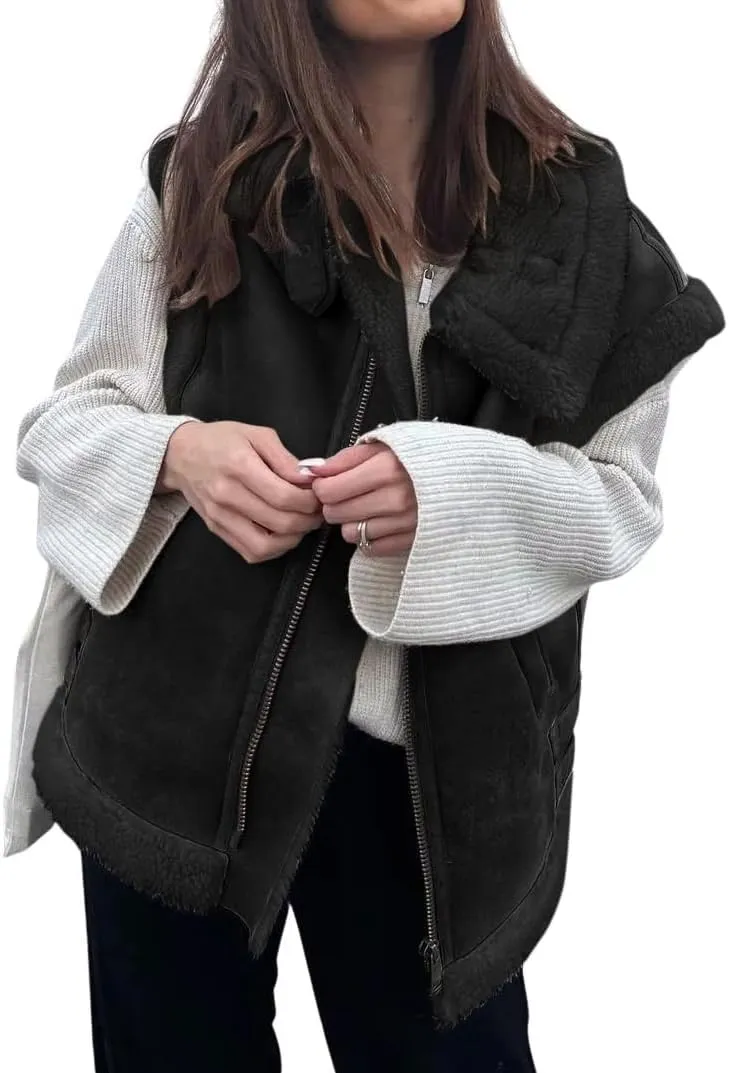 loveimgs Women's Winter Warm Suede Sherpa Leather Vest Jacket Zip Up Sleeveless Lambwool Fur Coat with Pockets