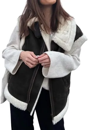 loveimgs Women's Winter Warm Suede Sherpa Leather Vest Jacket Zip Up Sleeveless Lambwool Fur Coat with Pockets