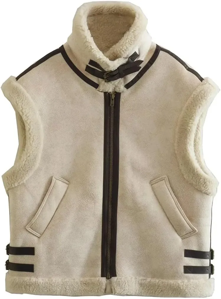 loveimgs Women's Winter Warm Suede Sherpa Leather Vest Jacket Zip Up Sleeveless Lambwool Fur Coat with Pockets