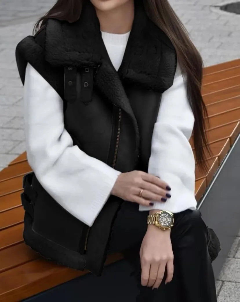 loveimgs Women's Winter Warm Suede Sherpa Leather Vest Jacket Zip Up Sleeveless Lambwool Fur Coat with Pockets