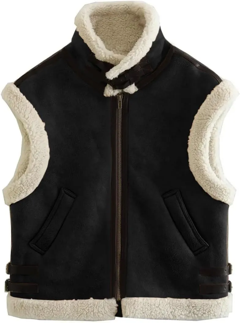loveimgs Women's Winter Warm Suede Sherpa Leather Vest Jacket Zip Up Sleeveless Lambwool Fur Coat with Pockets