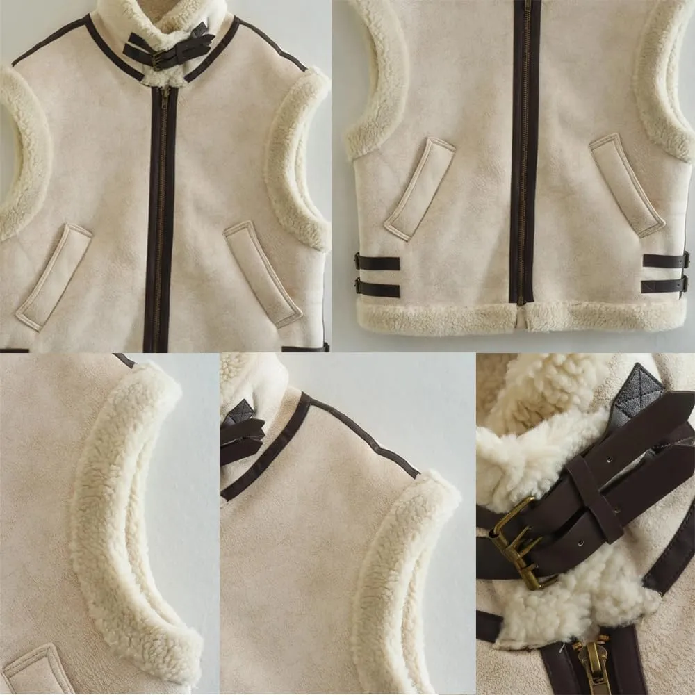 loveimgs Women's Winter Warm Suede Sherpa Leather Vest Jacket Zip Up Sleeveless Lambwool Fur Coat with Pockets