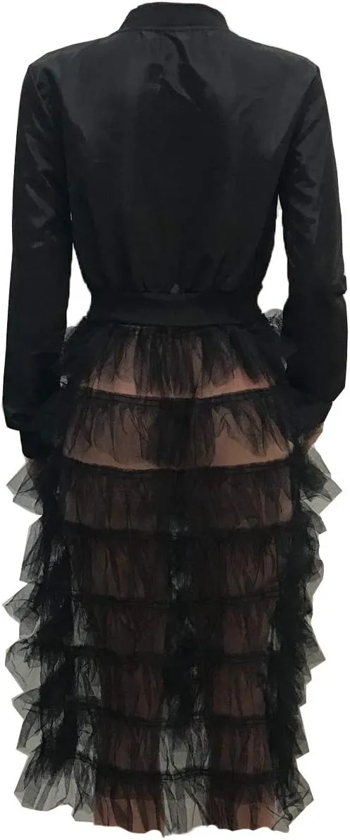 LROSEY Jacket Ruffle for Women Plus Size Bomber Mesh Long Coat Dress