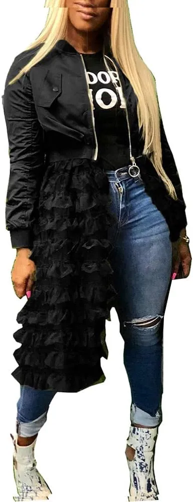 LROSEY Jacket Ruffle for Women Plus Size Bomber Mesh Long Coat Dress