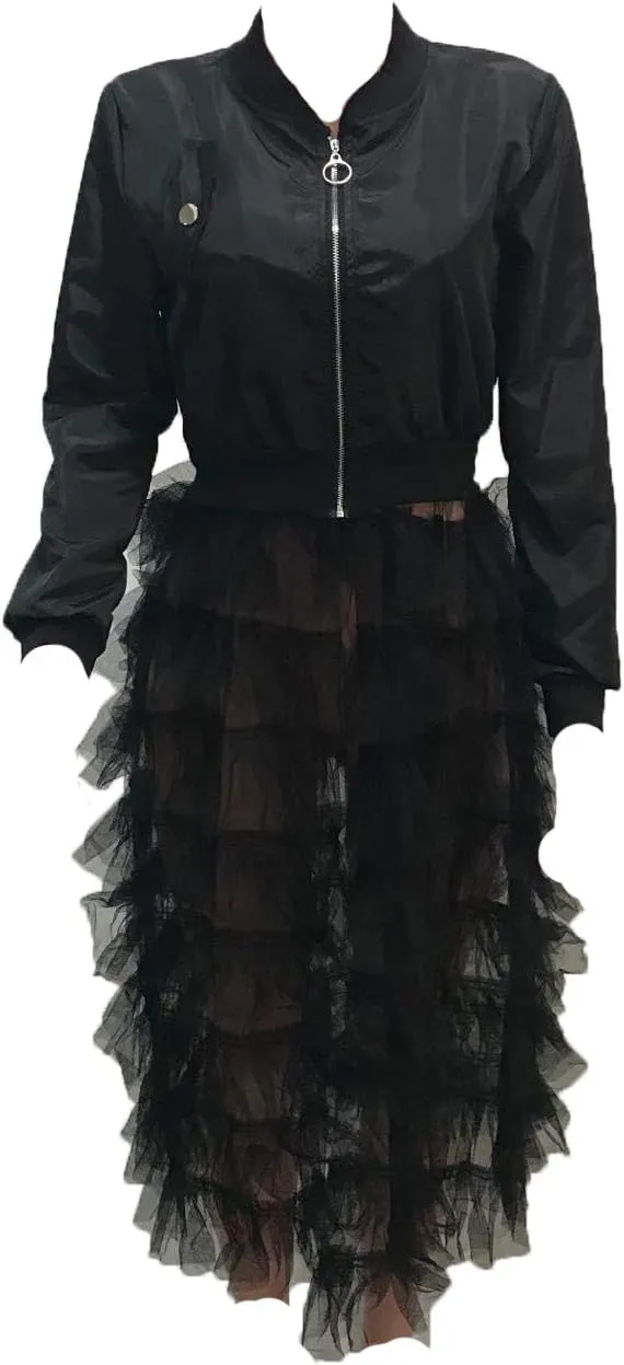 LROSEY Jacket Ruffle for Women Plus Size Bomber Mesh Long Coat Dress