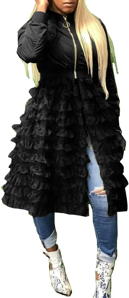 LROSEY Jacket Ruffle for Women Plus Size Bomber Mesh Long Coat Dress