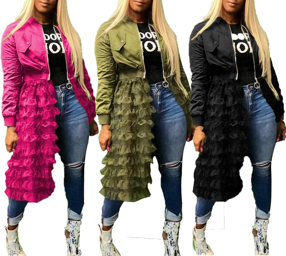 LROSEY Jacket Ruffle for Women Plus Size Bomber Mesh Long Coat Dress