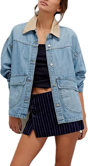 Lumister Women's Oversized Denim Jacket with Contrast Trim Long Sleeve Button Down Jean Coat with Pockets Outerwear