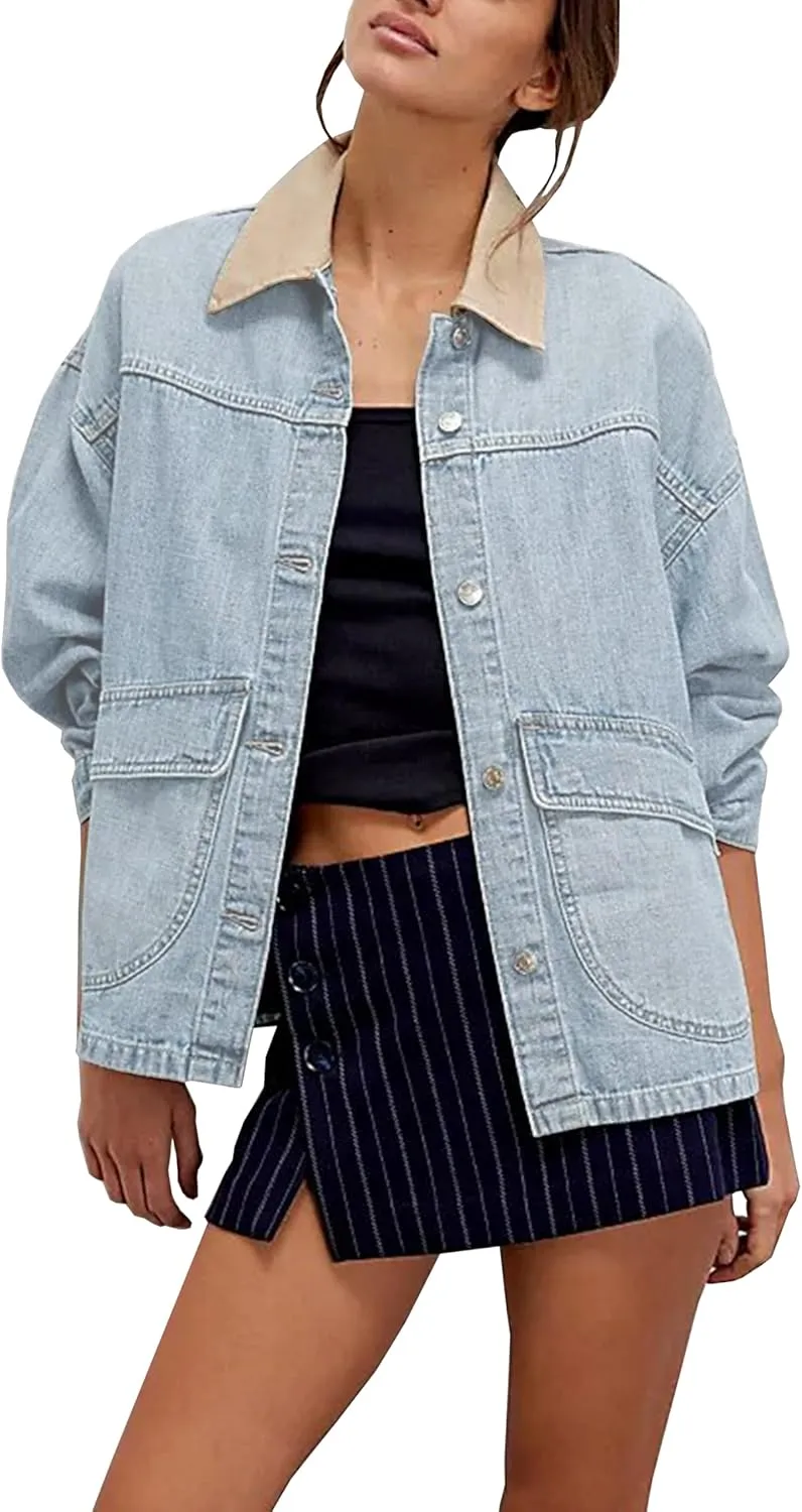 Lumister Women's Oversized Denim Jacket with Contrast Trim Long Sleeve Button Down Jean Coat with Pockets Outerwear