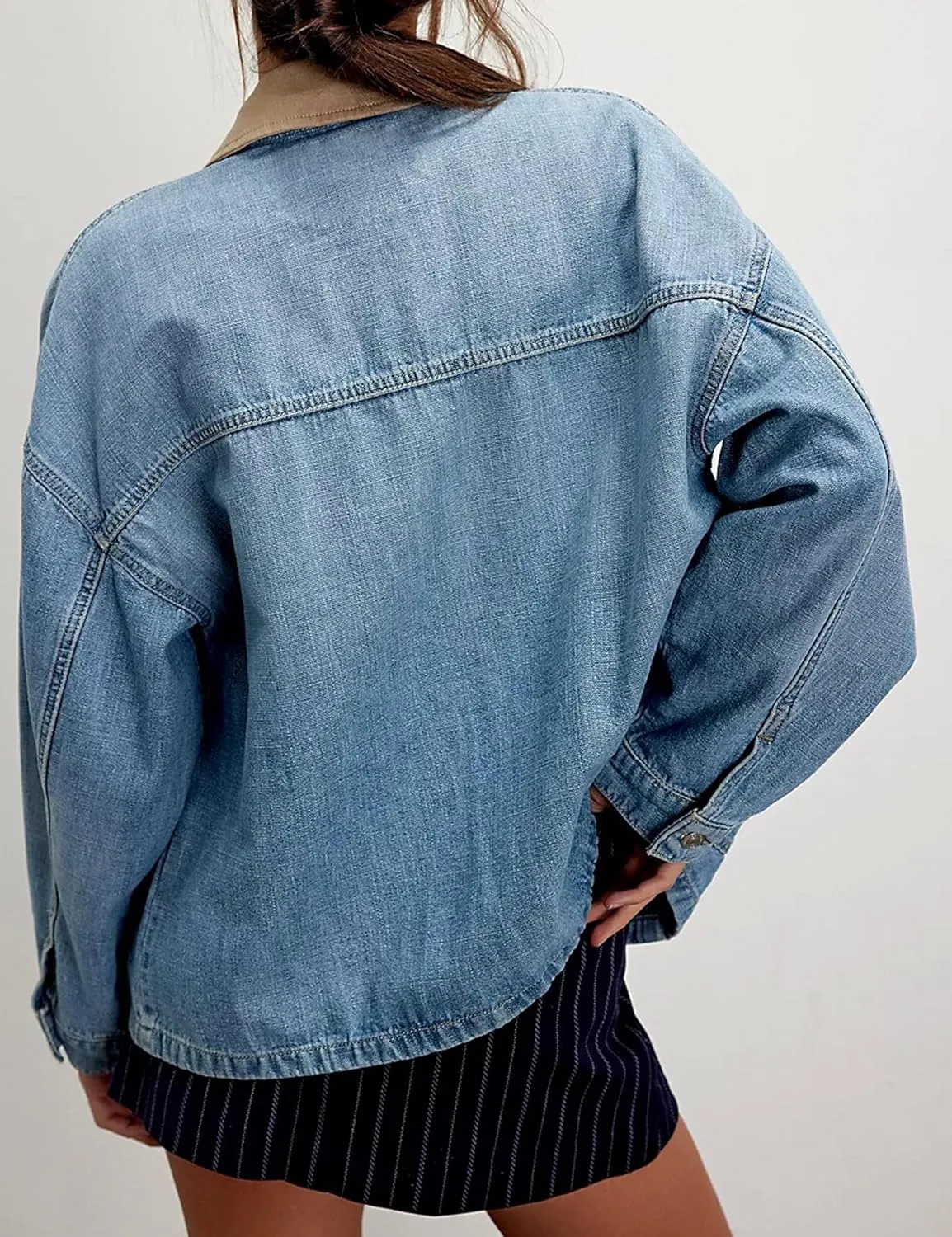 Lumister Women's Oversized Denim Jacket with Contrast Trim Long Sleeve Button Down Jean Coat with Pockets Outerwear