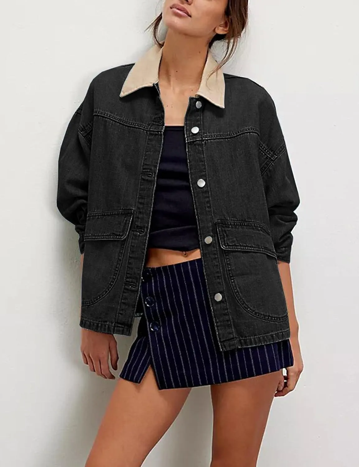 Lumister Women's Oversized Denim Jacket with Contrast Trim Long Sleeve Button Down Jean Coat with Pockets Outerwear