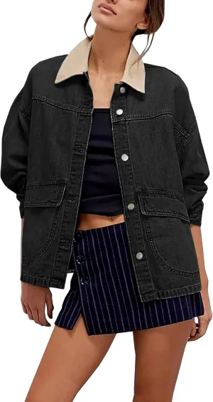 Lumister Women's Oversized Denim Jacket with Contrast Trim Long Sleeve Button Down Jean Coat with Pockets Outerwear