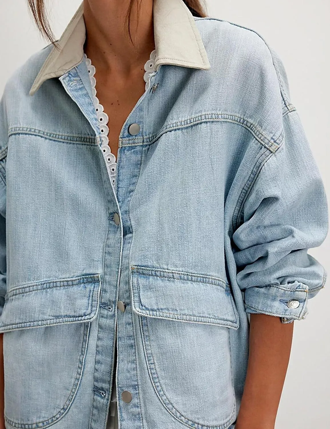 Lumister Women's Oversized Denim Jacket with Contrast Trim Long Sleeve Button Down Jean Coat with Pockets Outerwear