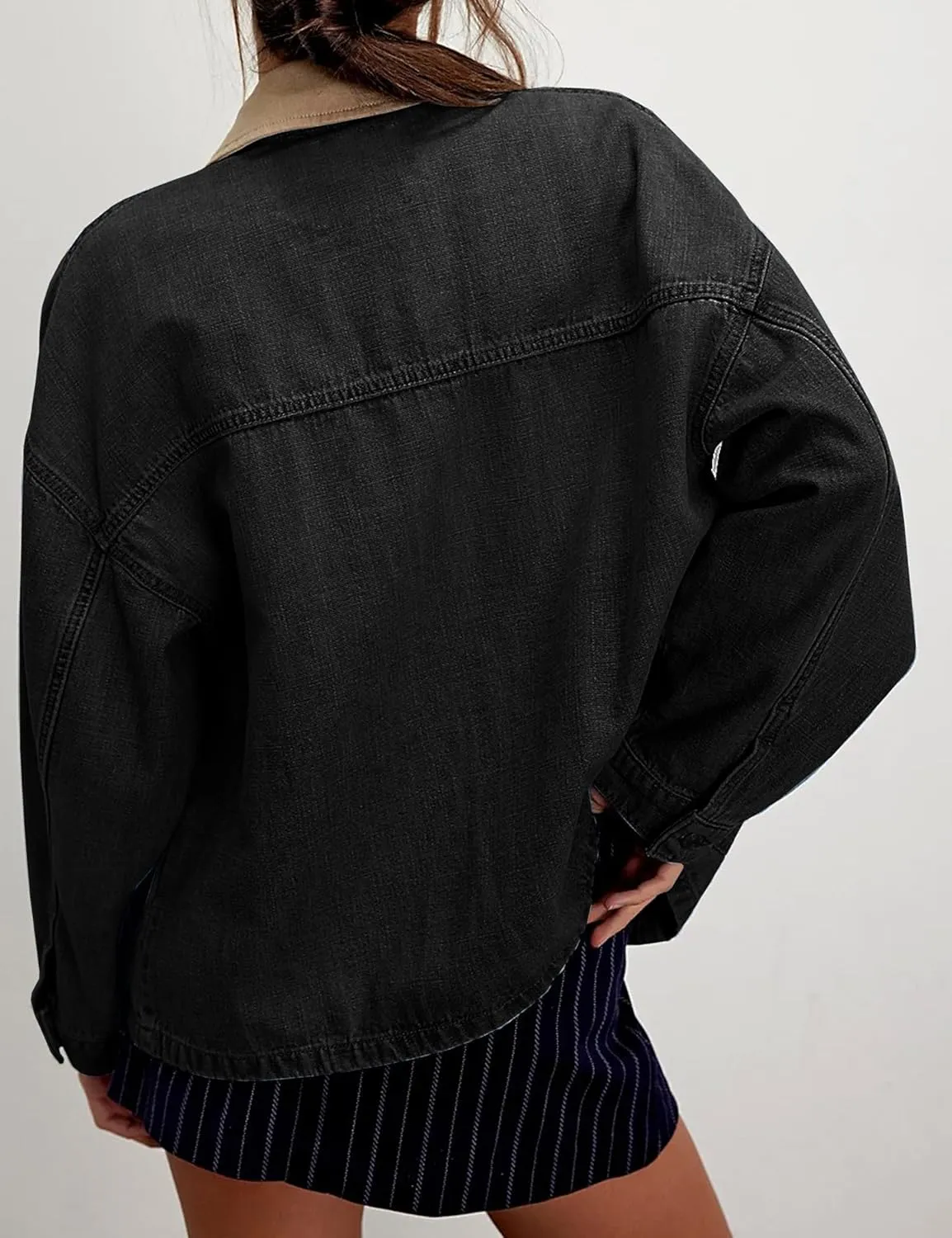 Lumister Women's Oversized Denim Jacket with Contrast Trim Long Sleeve Button Down Jean Coat with Pockets Outerwear