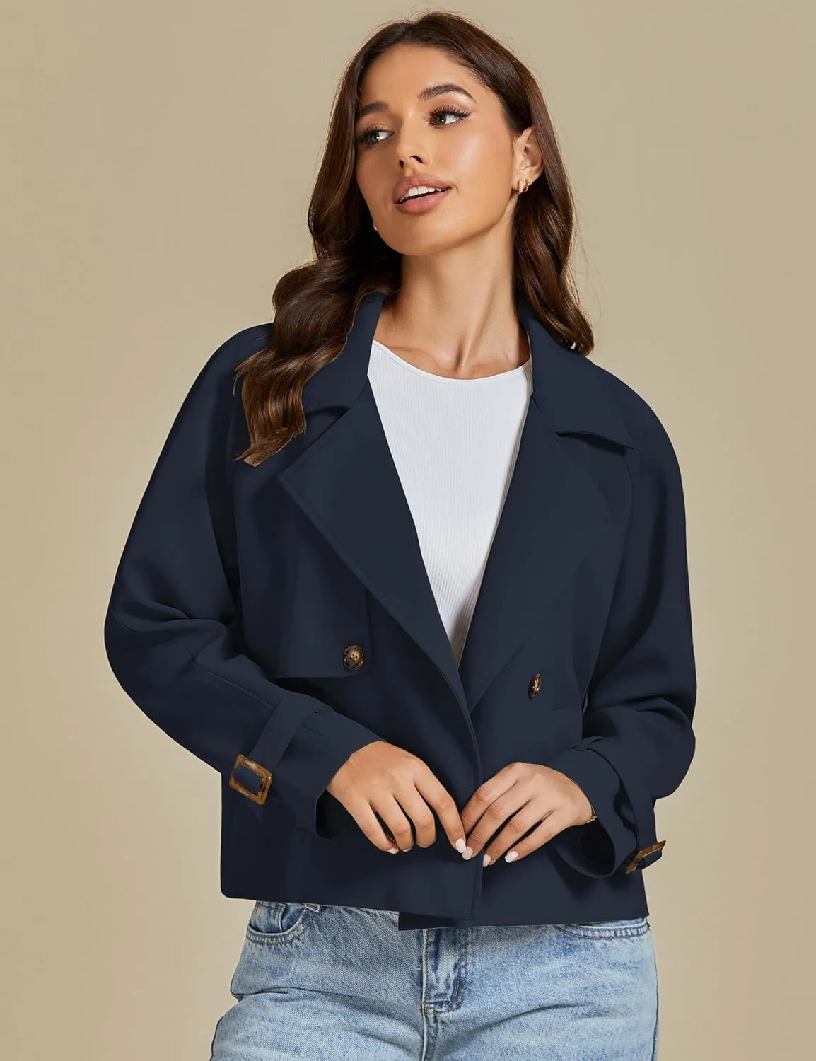 luvamia Cropped Trench Coat for Women Long Sleeve Double Breasted Notched Lapel Casual Loose Fit Jackets with Pockets