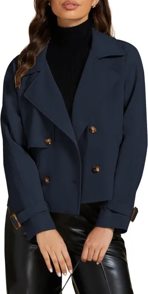 luvamia Cropped Trench Coat for Women Long Sleeve Double Breasted Notched Lapel Casual Loose Fit Jackets with Pockets