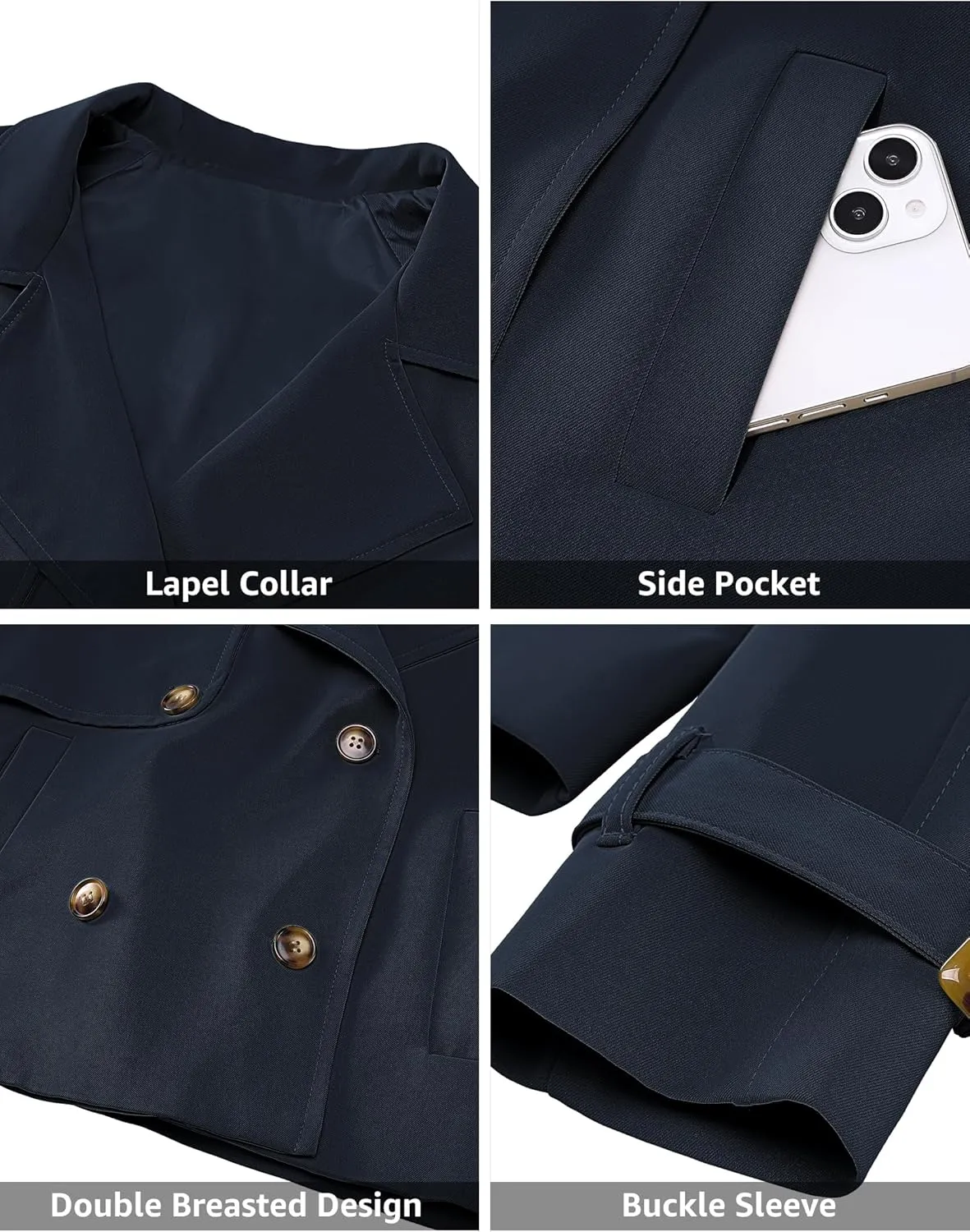 luvamia Cropped Trench Coat for Women Long Sleeve Double Breasted Notched Lapel Casual Loose Fit Jackets with Pockets