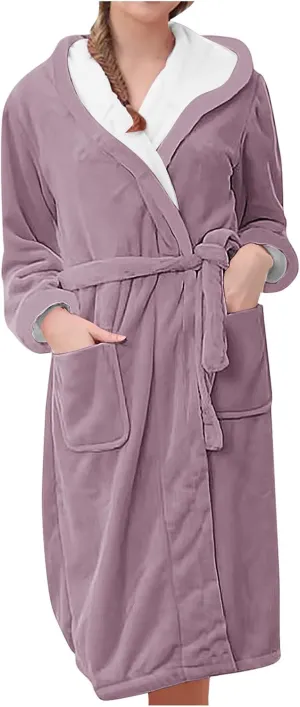 Luxurious Women's Long Sleeve Ultra-Soft Plush Robe Winter Warm Fluffy Fuzzy Cozy Shower Spa Bathrobe with Pockets