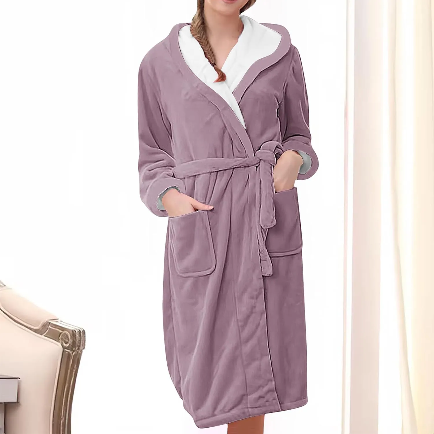 Luxurious Women's Long Sleeve Ultra-Soft Plush Robe Winter Warm Fluffy Fuzzy Cozy Shower Spa Bathrobe with Pockets