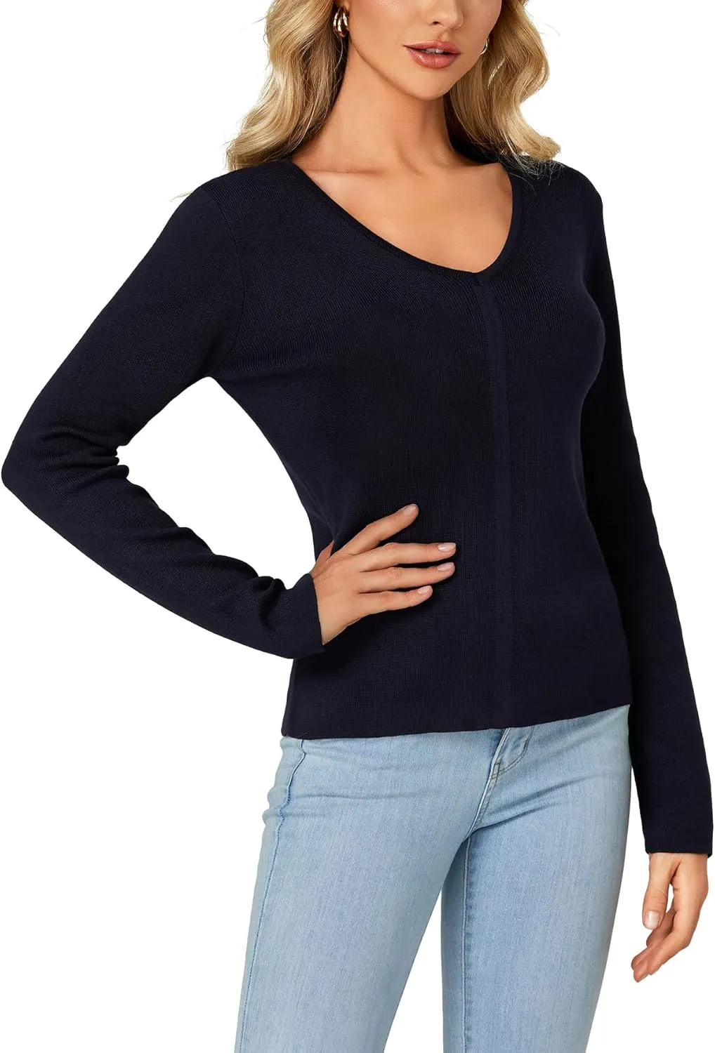 LYANER Women's 2024 Fall Sweaters V Neck Long Sleeve Slim Fit Pullover Knitted Tops