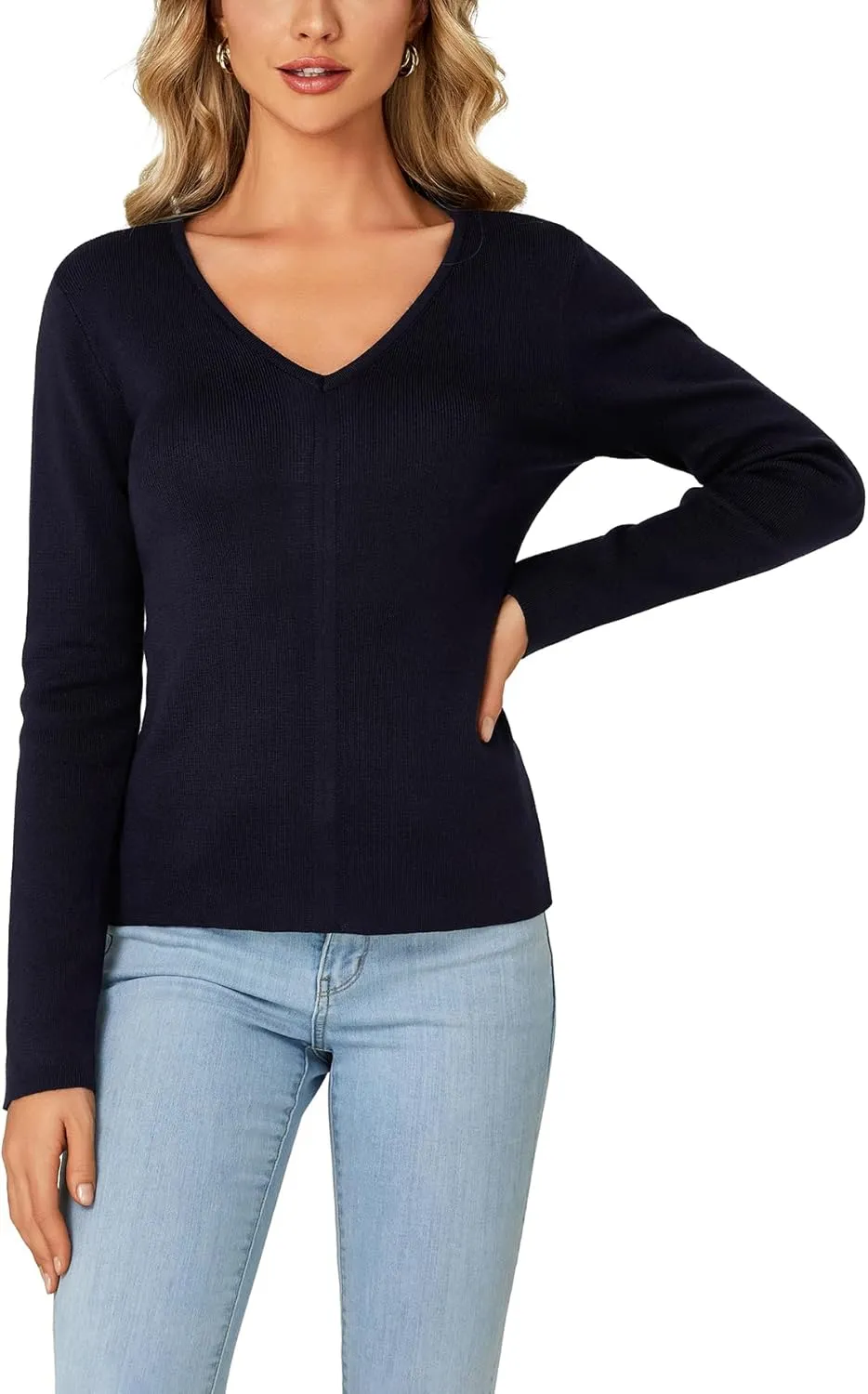 LYANER Women's 2024 Fall Sweaters V Neck Long Sleeve Slim Fit Pullover Knitted Tops