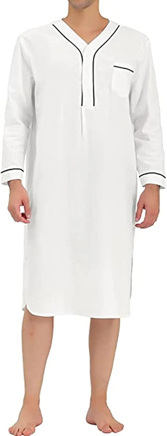 Maiyifu-GJ Mens Cotton Nightshirt V Neck Long Sleeve Button Down Nightgown Summer Mid-Length Henley Sleepwear Sleepshirt