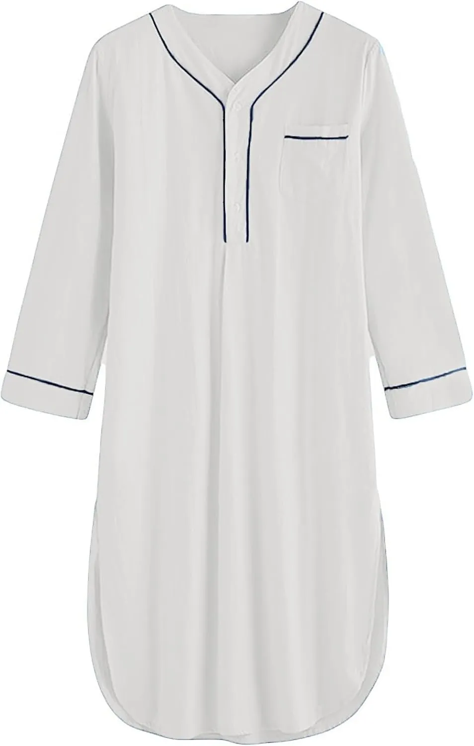Maiyifu-GJ Mens Cotton Nightshirt V Neck Long Sleeve Button Down Nightgown Summer Mid-Length Henley Sleepwear Sleepshirt