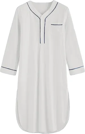 Maiyifu-GJ Mens Cotton Nightshirt V Neck Long Sleeve Button Down Nightgown Summer Mid-Length Henley Sleepwear Sleepshirt