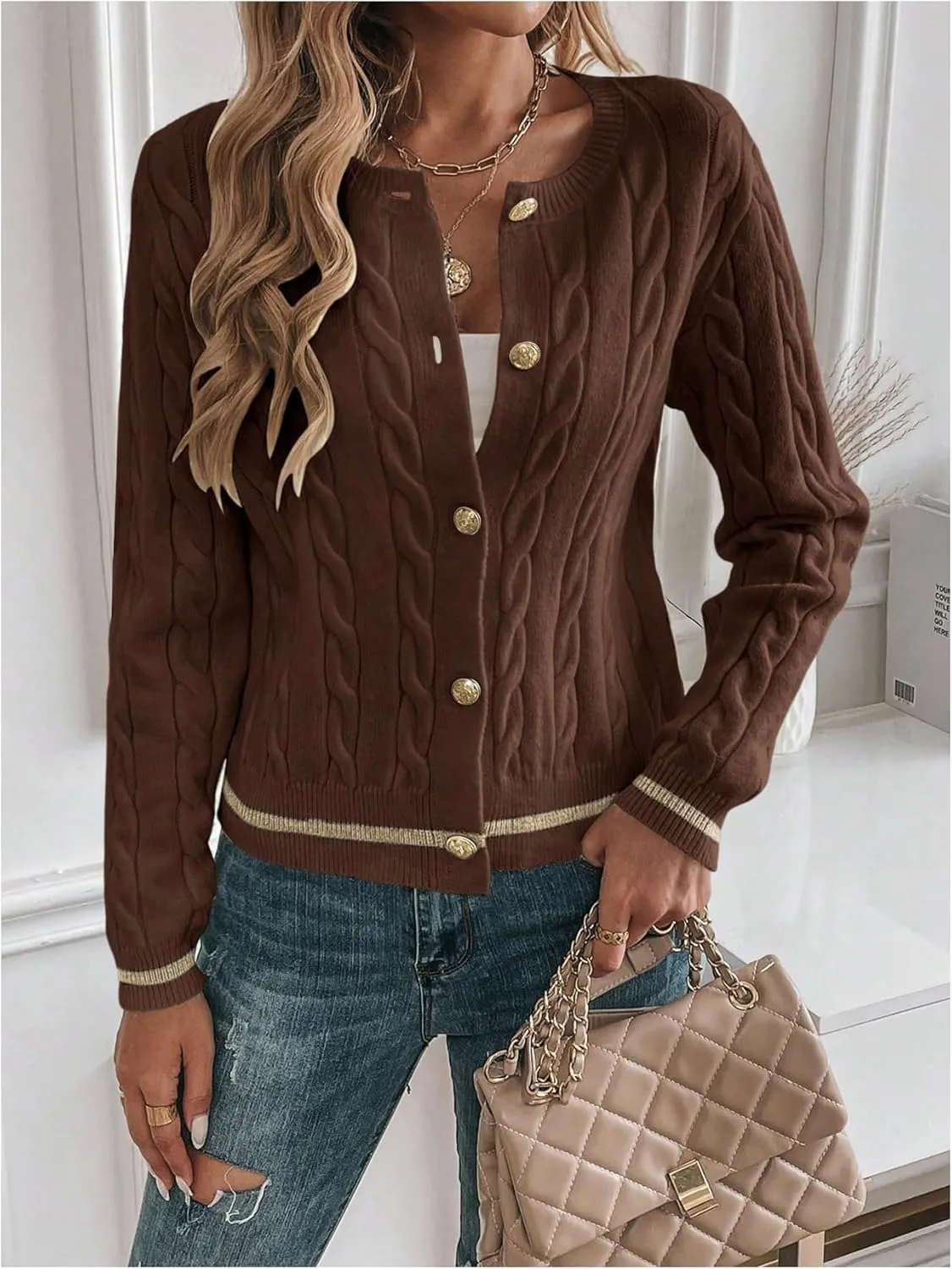 MakeMeChic Women's Cardigan Sweaters Cable Knit Sweater Button Down Shirt