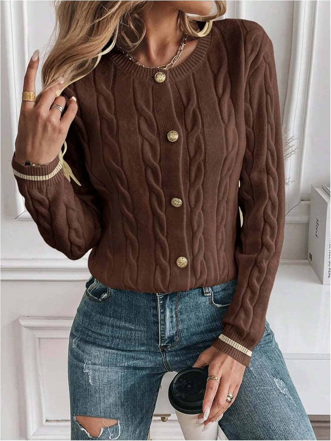 MakeMeChic Women's Cardigan Sweaters Cable Knit Sweater Button Down Shirt