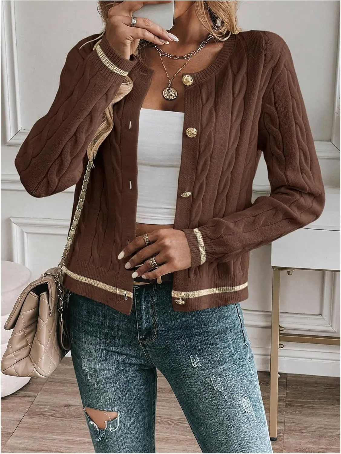 MakeMeChic Women's Cardigan Sweaters Cable Knit Sweater Button Down Shirt
