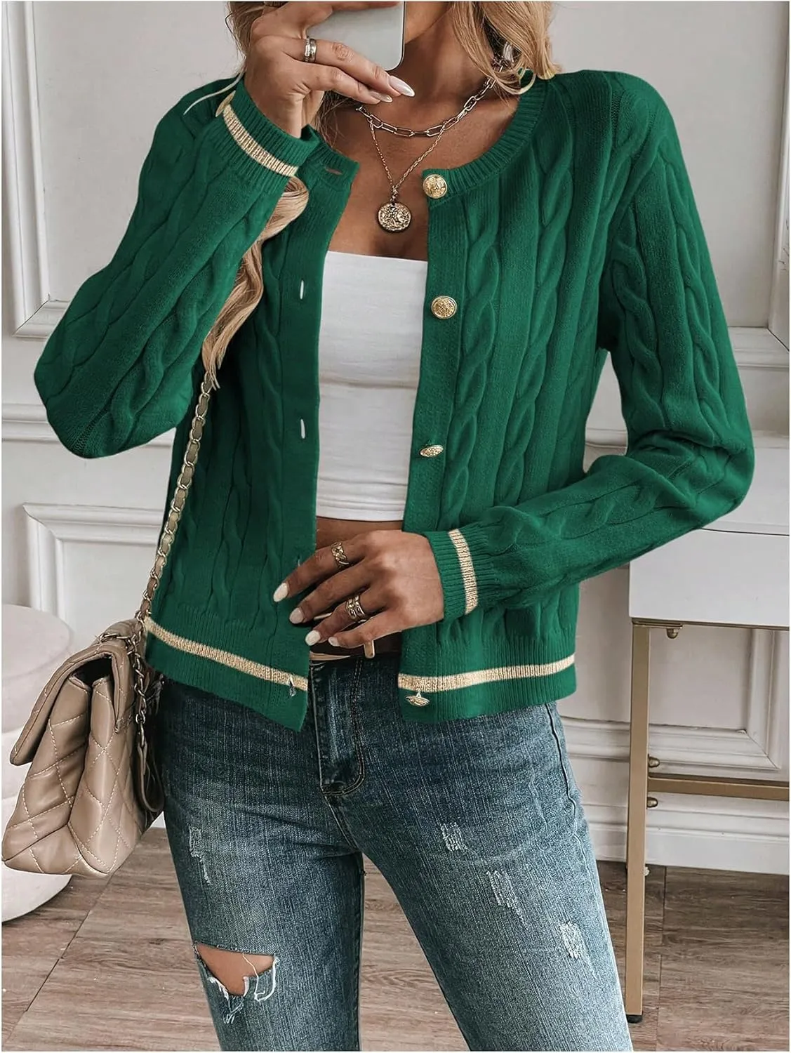 MakeMeChic Women's Cardigan Sweaters Cable Knit Sweater Button Down Shirt