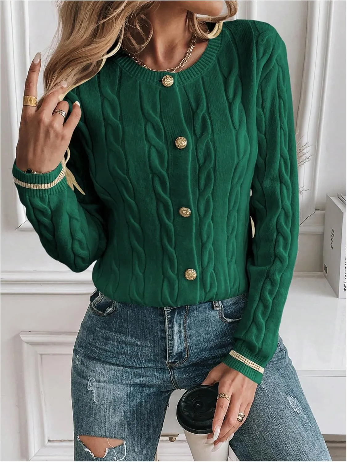 MakeMeChic Women's Cardigan Sweaters Cable Knit Sweater Button Down Shirt